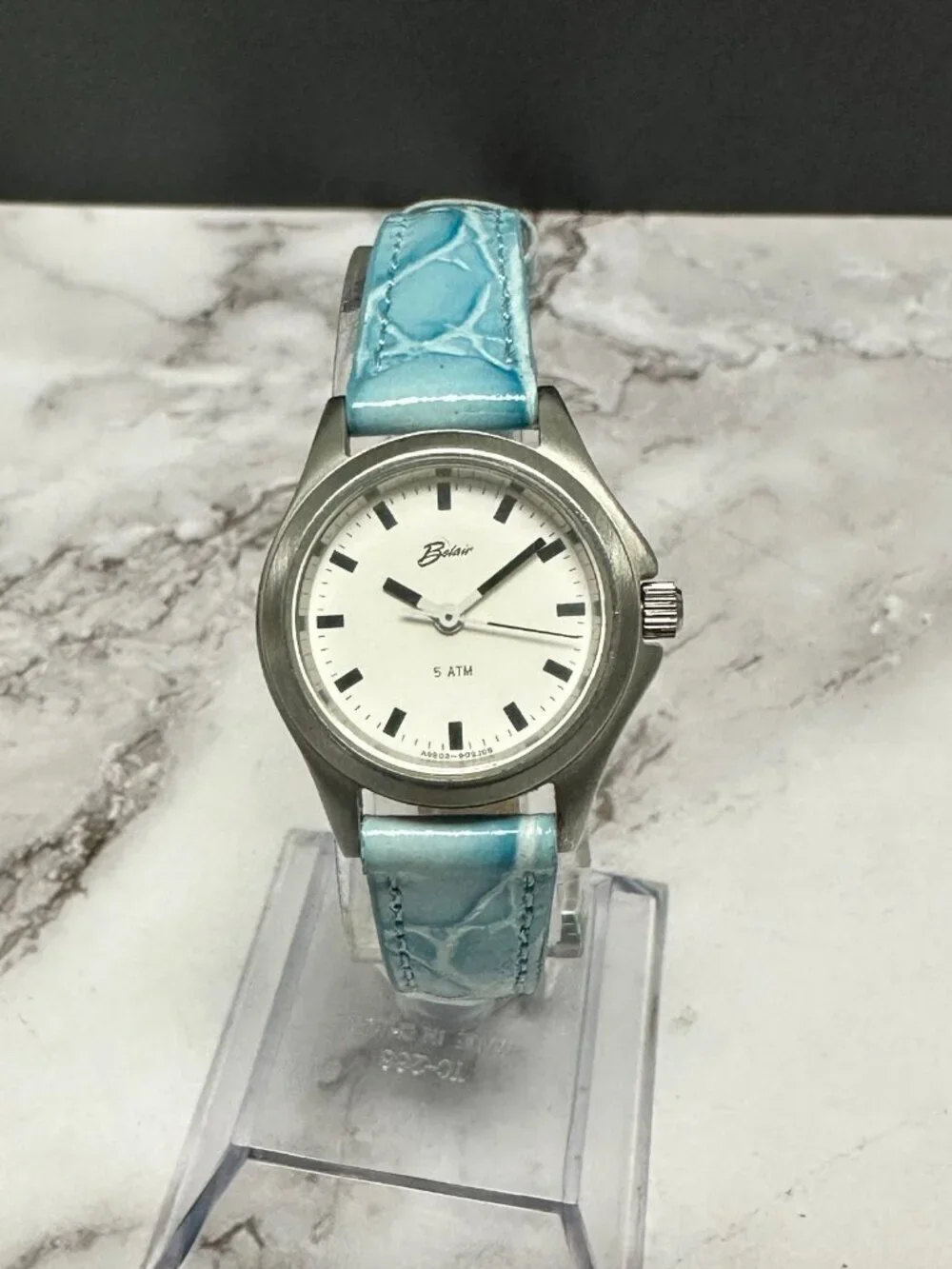 Belair Watch Women Silver Tone Round Dial Blue Leather Band New Battery 8.5 Inch